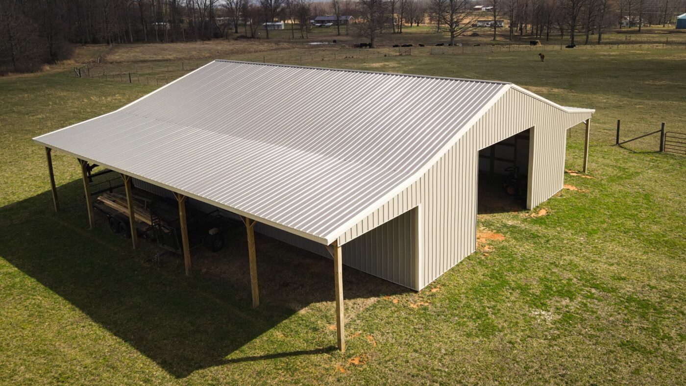 A pole barn with a pole barn foundation.