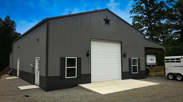 lean to shed gray with black trim one sided with star