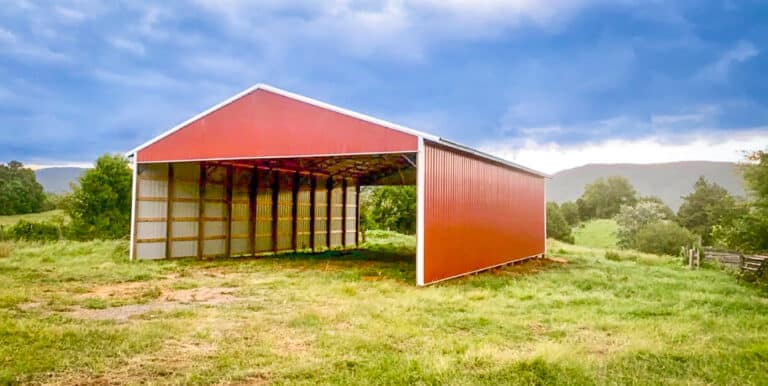 hay pole barn red 2 sided with trees