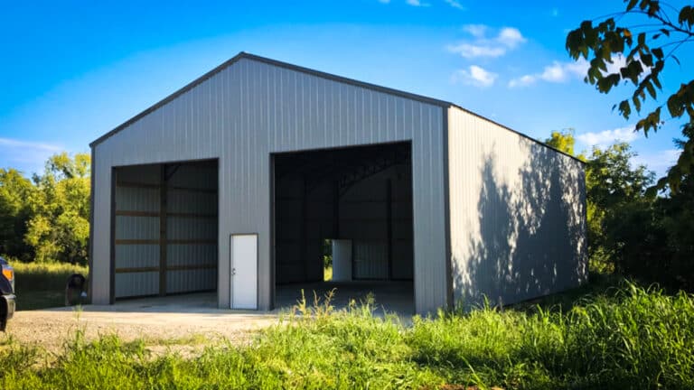 pole barn garage gray with dark trim