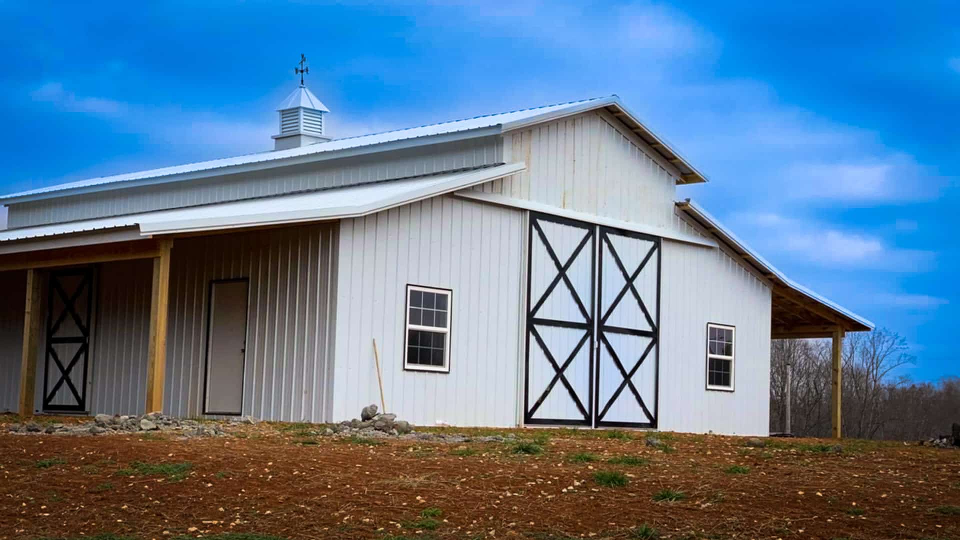pole barn workshop white with black trim