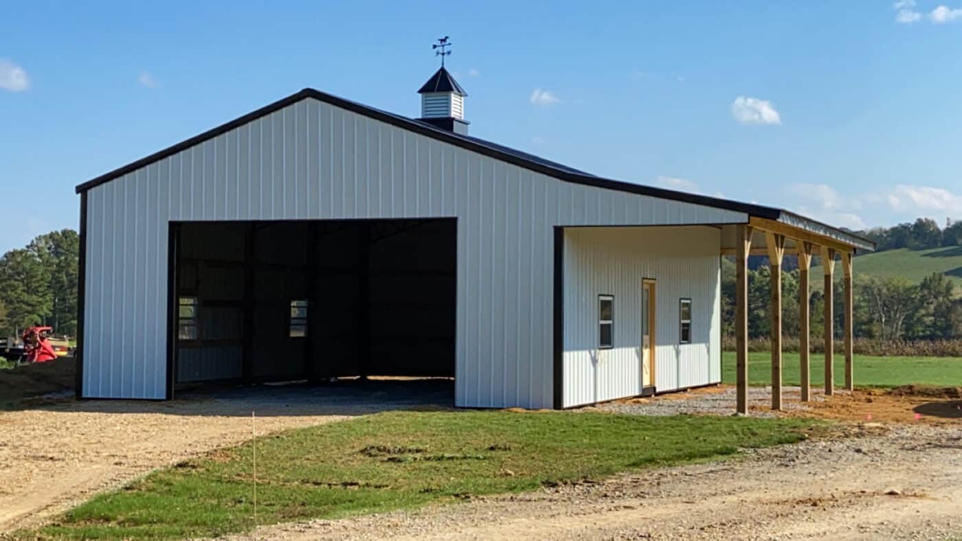 metal building with a lean-to pole barn style